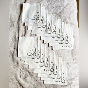 Embroidered White Linen Cocktail Napkins - Set of 17